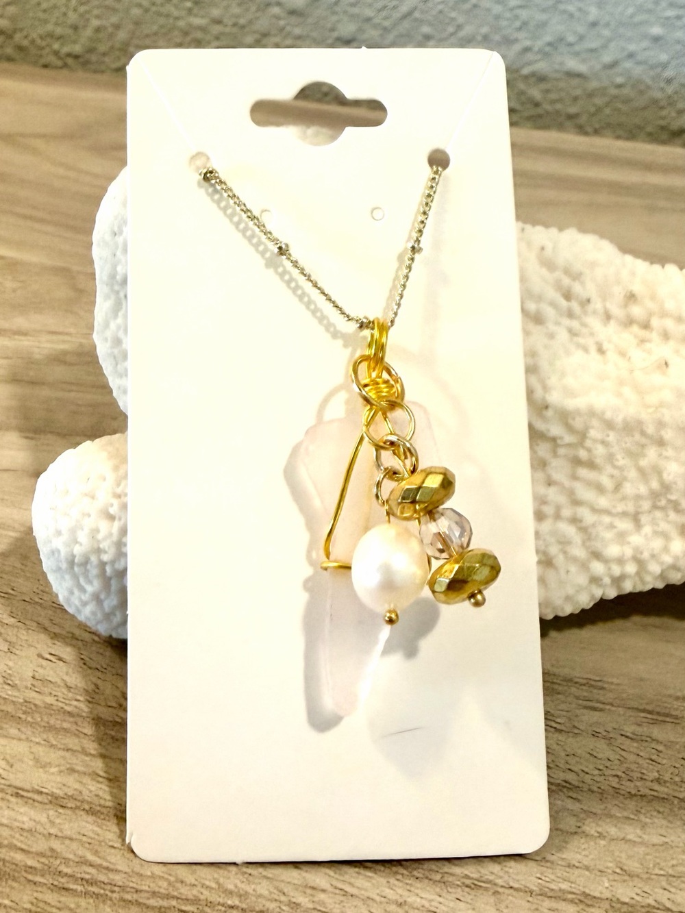 101. Light pink sea glass and gold toned Pearl Pendant Necklace - Women Jewelry